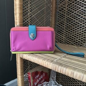 Handcrafted Leather Zip Around Wallet Colorful Retro Wristlet